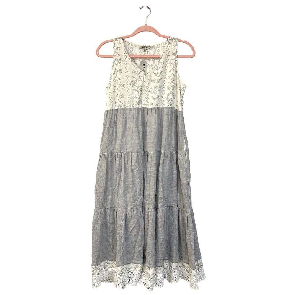Yak‎ & Yeti Floral Tiered Midi Dress S Grey Cream Lace Trim Pockets Cottage